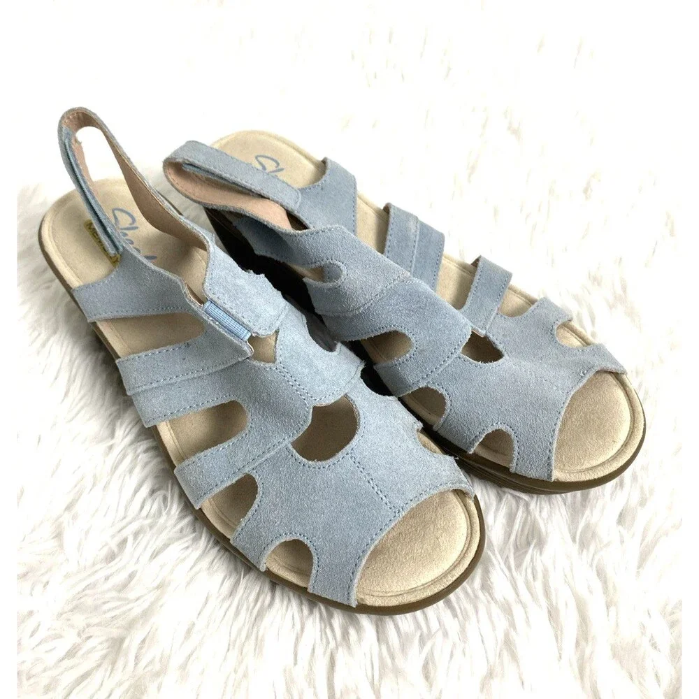 Skechers Memory Foam Womens Wedge Sandals Size 8 Blue Sky Suede Slingback - Picture 1 of 12